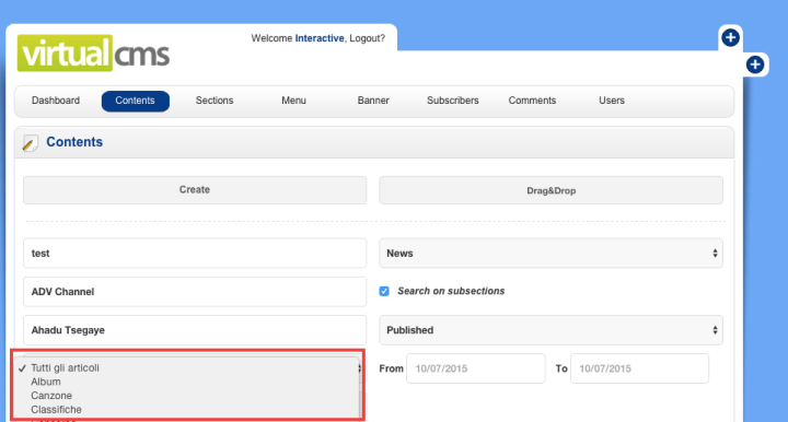 From this field you can filter by the topology of the content you're searching for.
