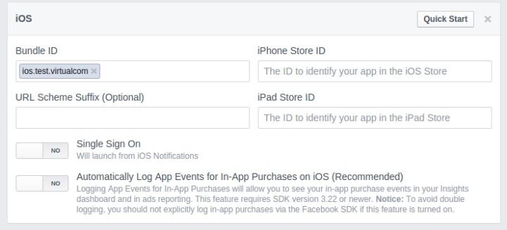3. Select iOS Platform and set the Bundle ID which you can find in your iTunes Connect account.  To find your Bundle ID: Login to iTunes Connect > MyApps > select the app in question > More > About this app > Example Bundle ID =  is.test.virtualcom
