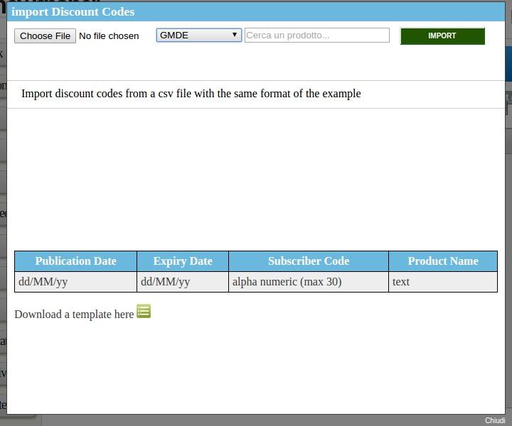 a shadow box will open giving you instructions on the type of file to use for the import. Upload a valid the csv file (just as the one you see in the example)  select the title for which you're importing the codes  select the product you use for the import.  Click on Import