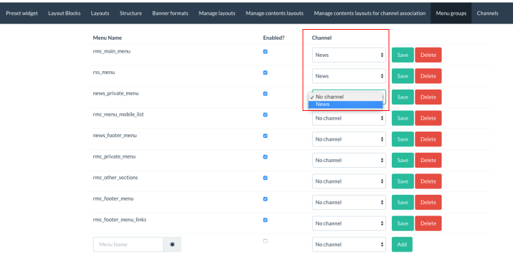 Go in the layout editor, click on Menu groups and specify a channel for each menu element