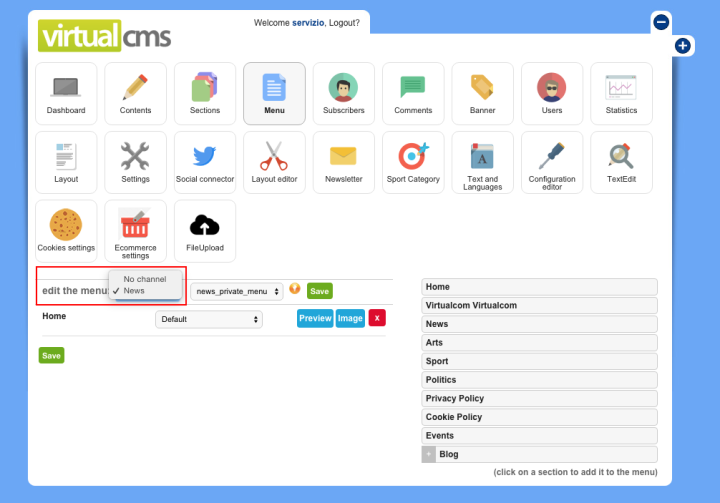 Then when you go in the menu module you will find a filter that allows you to filter the menu by channel
