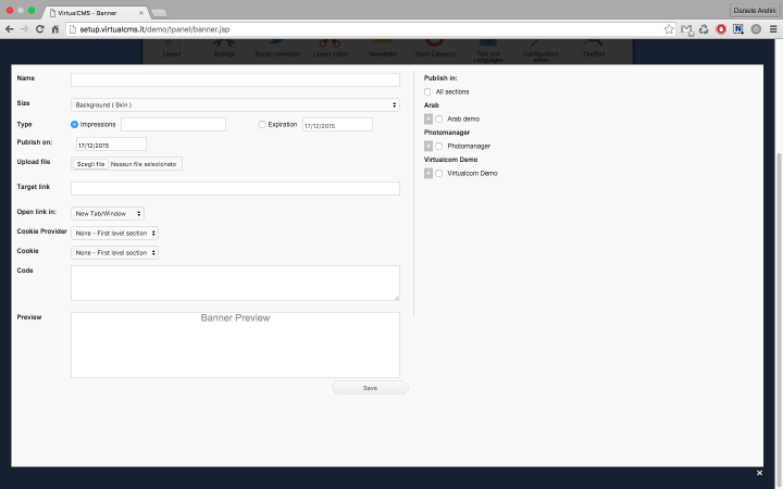 This interface shows all the information you need to know to create a new banner: name, banner format, expiration typology (impression or expiration date). From here you can upload the script or the image, specify the target link and declare the provider of the campaign in order to block the cookies if the reader wants to. The section of publication of the banner is specified in the right sections column.