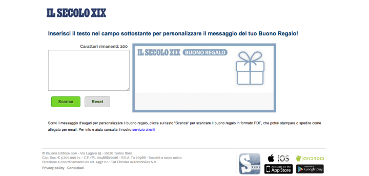 5. Inserisci il testo per personalizzare il buono regalo e successivamente  premi il pulsante scarica