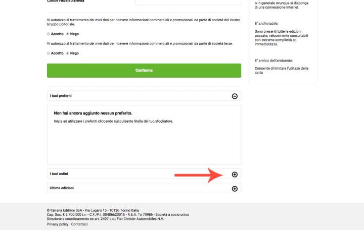 3. Cliccando sull'icona "+" espandi la sezione "i tuoi ordini"