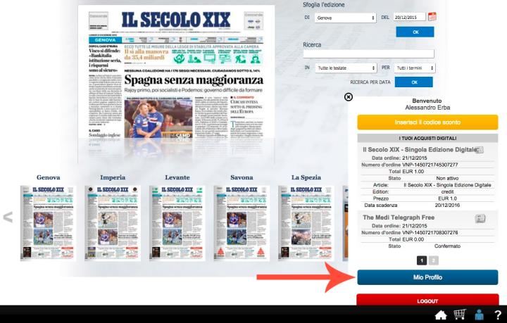 2. Dopo aver effettuato il login,  premi il pulsante "Mio Profilo"