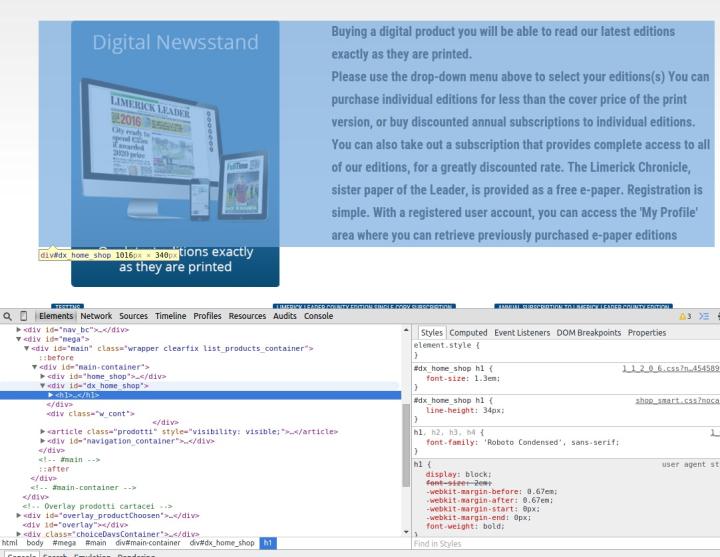 In order to be able to change the style of the page, you need to know what elements to address. We can see that the text is contained in  a div with id='dx_home_shop'. We can already have a preview of what the text will look like by setting its font size to 1.3em (courtesy of the browser)