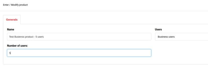 To create a business product, go to the Products module and click on New Product. You'll need to select "Business Users", and set the number of people it is meant to be used by.