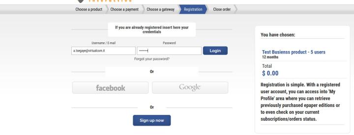 A successful order activation will lead to the user registration or login. Notice that the user of the business code, does not have to pay, since the order has already been paid for. 