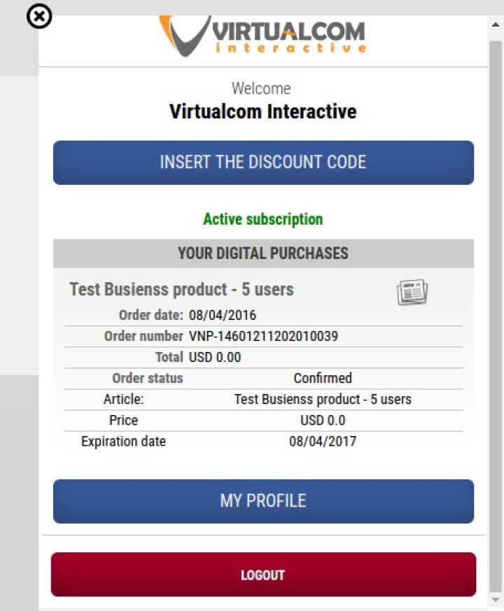 The user that has logged in will be able to see the active business order from his profile. 