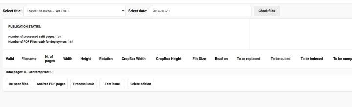 Login to your backend panel and navigate to the Macro module. Select the title and the date of publication (2014-01-23 for this example) and click on "Check files". If there's an edition published that day, a "Delete Edition" button will appear on the action-bar at the bottom of the page.