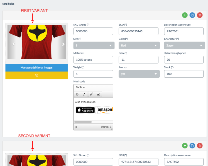 In Edit mode of the product you can add some variants. The variants can be for color, size and image. In that way, for example, you can specify different size for the same product.