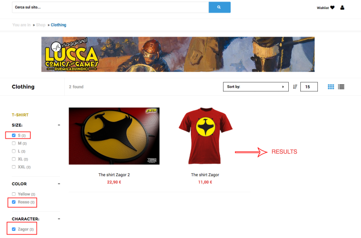 You can find the variants in the filter in the search layout. This allows you to search a product by size.