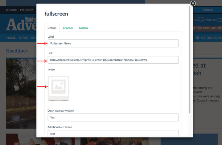 Inside the overlay window, you can change the name and link of the button, and you can also upload an image.