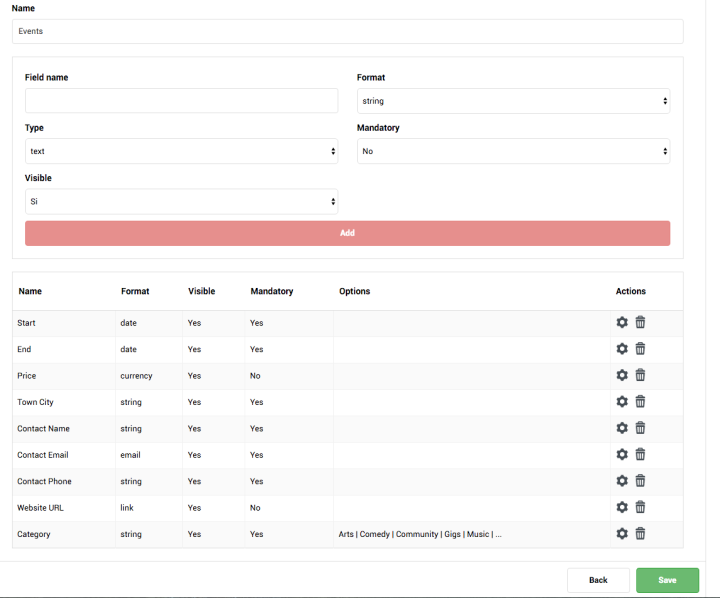 By clicking on a tab you can edit or add new fields.