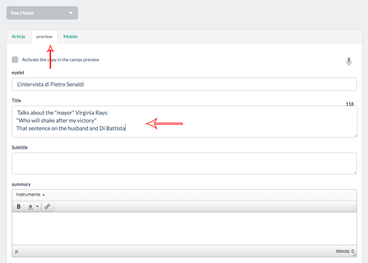 With the Preview tab selected, you can compile the fields for the desktop version (as title, subtitle, summary, ecc...) 