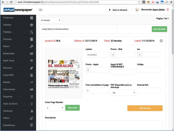 To change the cover page of all previews of an edition, login to the backend of your platform and go to the Labels module. Find your edition, by selecting title and date. Expand the entry and change the cover page from the "Cover Page Number" input and click on "Save cover"