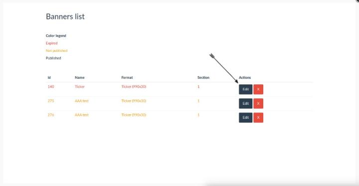 This interface shows all <strong>banners configured</strong> in the banner position<br> in the specific section you are in. <br>In red the <strong>expired banner</strong>. In orange the <strong>non active banner</strong>. In black the <strong>active banner</strong>. <br>Click on <strong>edit</strong> to edit the banner. <br><br>From the red cross you will <strong>delete</strong> the banner. <br>ATTENTION: when you edit or delete a banner you will edit or delete the banner everywhere. <br>Always watch out on the section where the banner is published in.