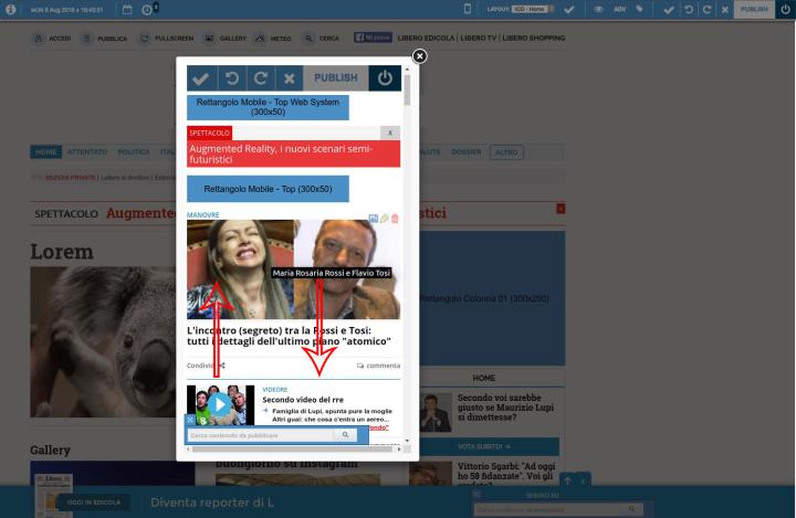 An overlay will open that display the <strong>website in mobile version</strong>. <br>Here you can <strong>change the order</strong> of contents,  <strong>drag them</strong> in other positions or <strong>search for them</strong> by using the search bar. <br>When done click on <strong>Save</strong> (it will only affect the mobile version of your website)