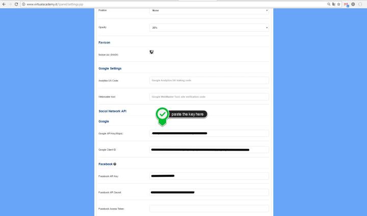 Reach the Virtualcms backoffice, click on the Settings Module. Open the General setting tab and paste the key. Then click on the save button