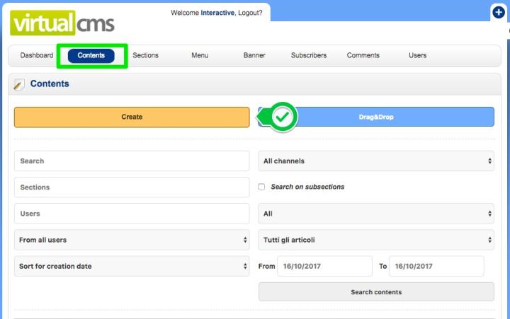 In backend let's go in the <strong>contents</strong> section and click on <strong>"create"</strong> button.