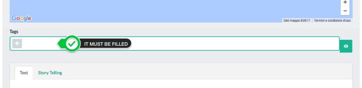 <strong>Tags</strong> field<br> This must be filled.<br> <strong>N.B.</strong> If the field remains blank, the cms will not save the content