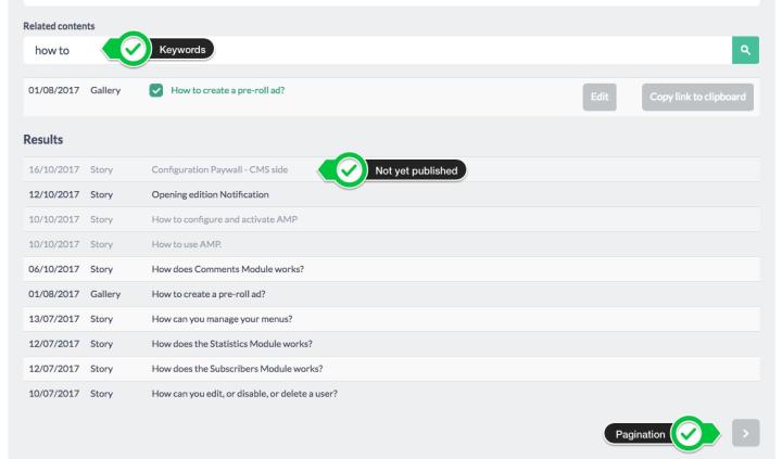 Next is the part of the page dedicated to the <strong>related content</strong>.<br> You can search them through keywords and add them as related just by clicking on the content to be correlated. <br><strong>N.B.</strong> Content that appears in light gray is those not yet published in any section of the site.