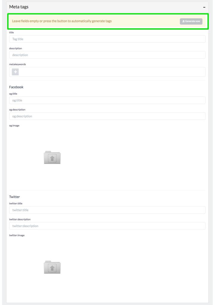 <strong>Meta tags</strong> <br>To fill this fields you can: <br>- Leave empty to autofill them with the text put into the content <br>- Press the button to automatically generate tags<br>- Modify or fill manually the fields.
