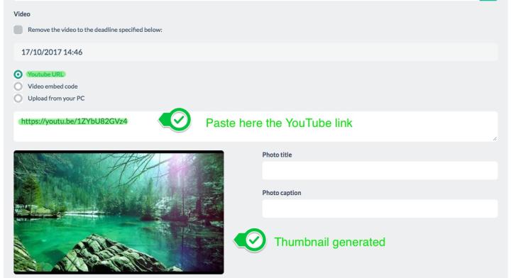 <strong>Youtube URL</strong> <br>To add video from Youtube, simply copy the video link from Youtube and paste it into the appropriate field. <br>A thumbnails will automatically be generated for the article preview and you can give it a title and a caption. <br>You can also replace the thumb with a uploaded image