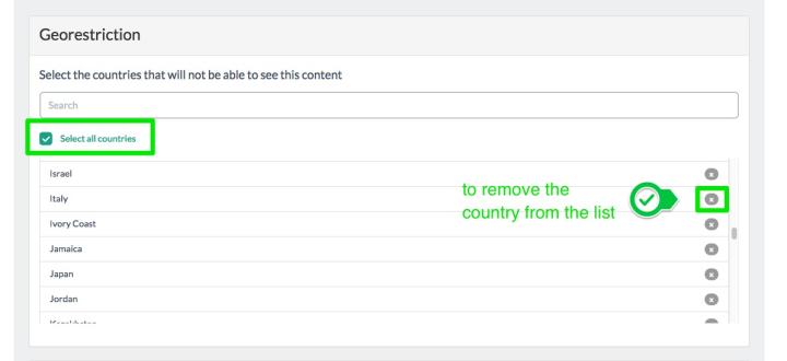 <strong>How to un-restrict the content in one or more countries</strong> <br> <br>Just un-check the countries you want the content<br>to be available in from the geo-restriction list. 