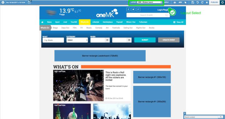 In the D&D blue top bar you will see the <strong>select "Layout"</strong><br> where you will find all the layouts that you can apply to the section you are in.