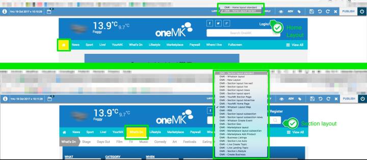 <strong>N.B.</strong> Usually the <strong>applicable layouts will change</strong> depending on the website's page you are in, either in the <strong>homepage</strong> (index layout) or in the <strong>sections</strong>.