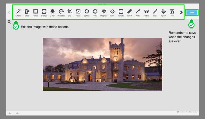 Clicking on it will automatically open the interface to edit the image directly. <br>Here you can make all the necessary changes to the photo. <br>When you make the changes, save the image.