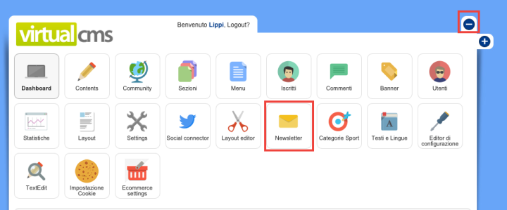 Espandi il menu centrale attraverso il più e clicca sul tab "newsletter"
