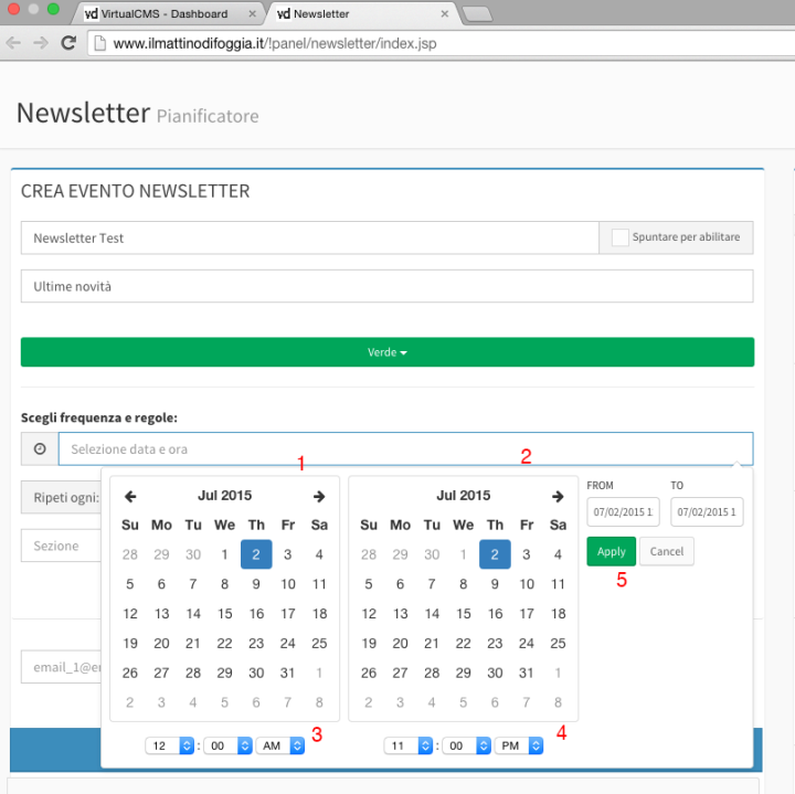 <p>Al click sul campo "seleziona data e ora" viene mostrato un calendario per imputare le date di inizio e di fine dell'invio della newsletter. &egrave; necessario cliccare su "apply" per rendere effettiva la selezione.</p>