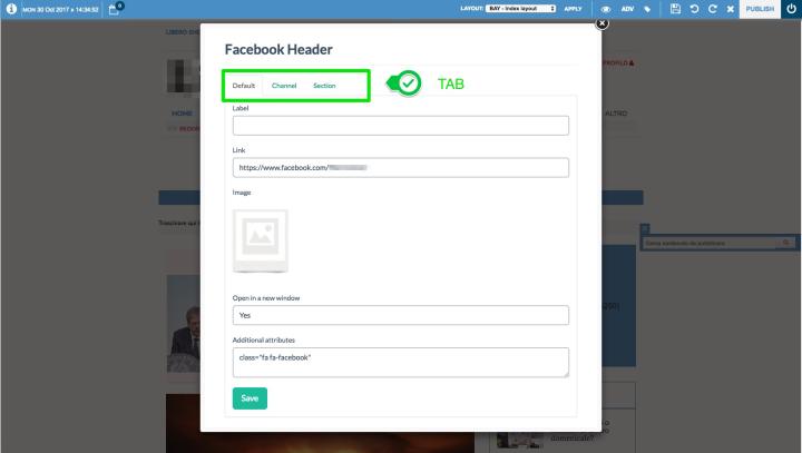 There are 3 different tabs (<strong>Default, Channel and Section</strong>) <br>with the same fields to fill and 3 different ways to configure: <br>- <strong>Default</strong>: Allows a unique configuration for all the channels / sections<br> of the cms in the dynamic button in question <br>- <strong>Channels</strong>: allows you to configure the dynamic button <br><strong>differently depending on the channel</strong> you are in. <br>- <strong>Section</strong>: You can configure the dynamic button <br><strong>differently depending on the section</strong> you are in.