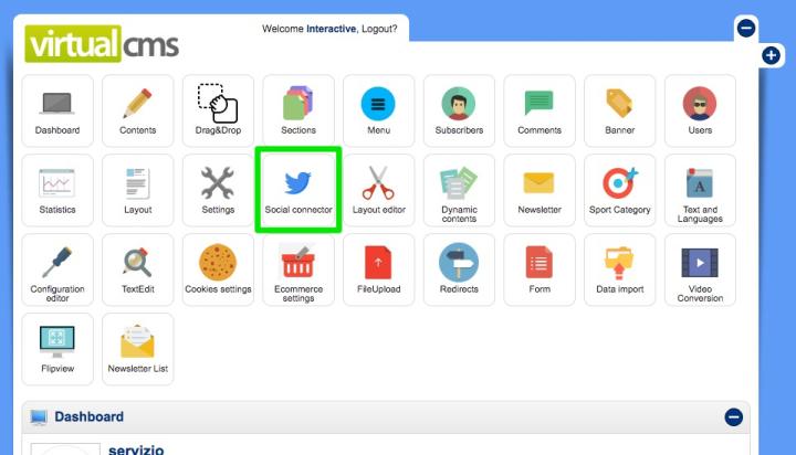 Vai e accedi al pannello del tuo sito web <br> Clicca sull'icona "<strong>Social Connector</ strong>".Go and login to your website's panel  <br>Click on the icon “<strong>Social Connector</strong>” (The one with a bird).