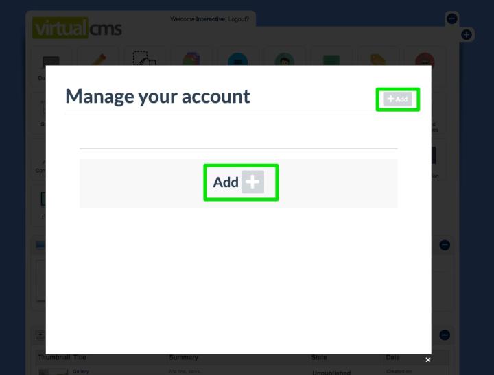 In the pop-up click the grey icon with the “<strong>plus</strong>” symbol<br>to connect your social profiles or public social pages (in case of Facebook).