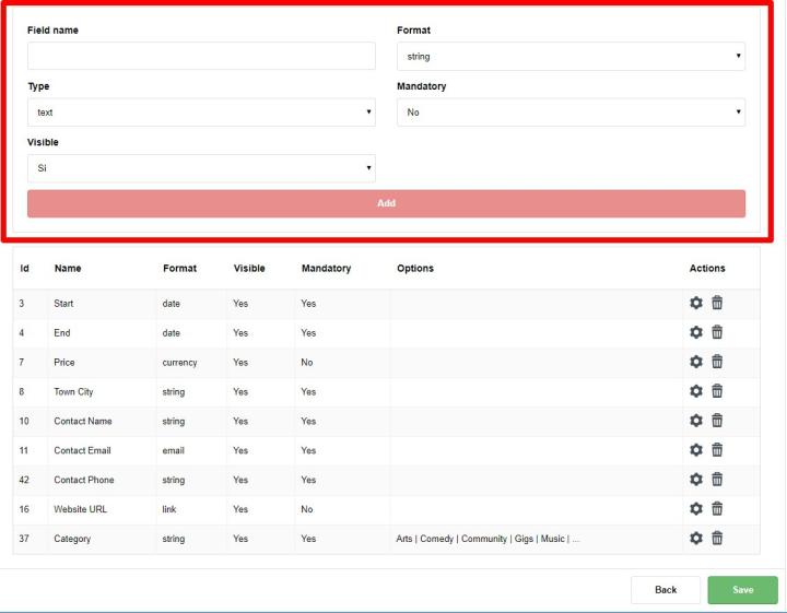 To add a new field, complete the following fields:<br/><br/>  - <strong>Field Name</strong>: This is the name of the field you want to add. When you enter the name, the system suggests fields already existing in other dynamic content: select them if you want to add the same field.<br/> - <strong>Format</strong>: Select the format from the following options: String, Date, Email, Link, Html, Number, Currency.<br/> - <strong>Type</strong>: Specify whether the field should be a text field or a select.<br/> - <strong>Required</strong>: Select whether the field is mandatory.<br/> - <strong>Visible</strong>: Specify whether to show the front-end field.<br/> 
