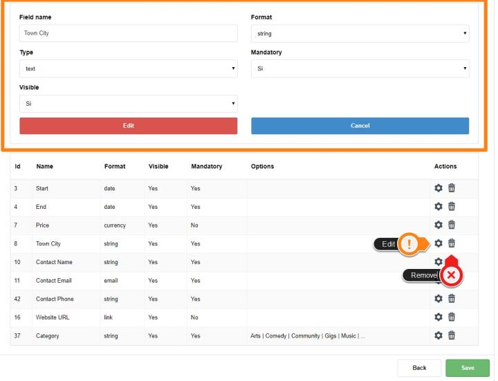 Instead, for existing fields, you can make changes or remove them from the article by clicking on the appropriate icons. When you click on the edit icon, the attributes you want to modify are displayed at the top (shown in Orange on the above screen). When all the changes have been made, remember to click on the Edit button and then on the Save button.