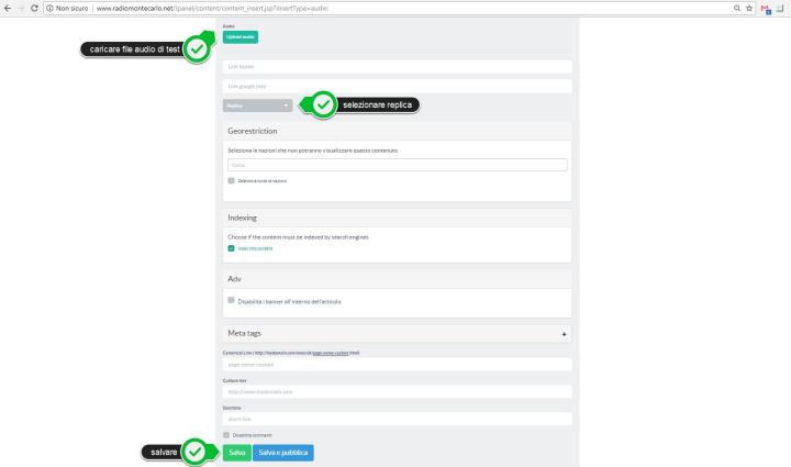 Inserire i campi necessari e caricare un file audio che servirà solo a eludere l'obbligatorietà del campo upload. Selezionare la tipologia replica dal menu a tendina e salvare il contenuto