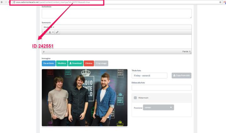 Copiare l'id del contenuto appena creato