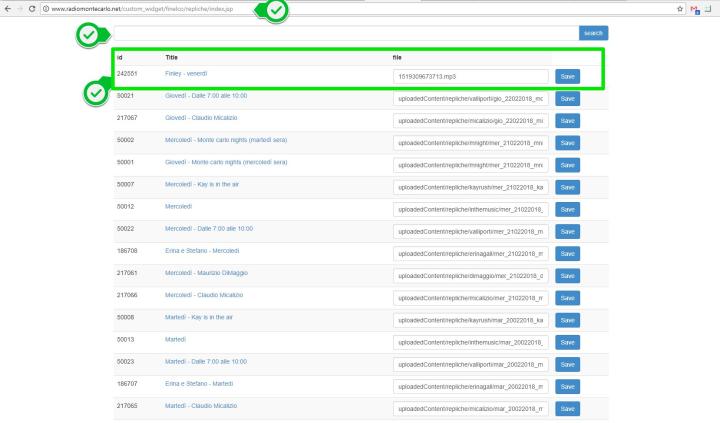 Una volta salvato, raggiungere il seguente url http://www.radiomontecarlo.net/custom_widget/finelco/repliche/index.jsp    incollare l'id del contenuto copiato nello step 3, per trovare la replica