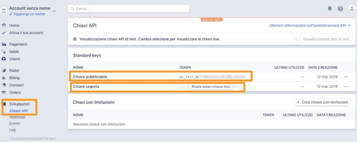 after mail confirmation click on DEVELOPERS/SVILUPPATORI - API KEYS/CHIAVI API  and get the SECRET and PUBLISHABLE keys