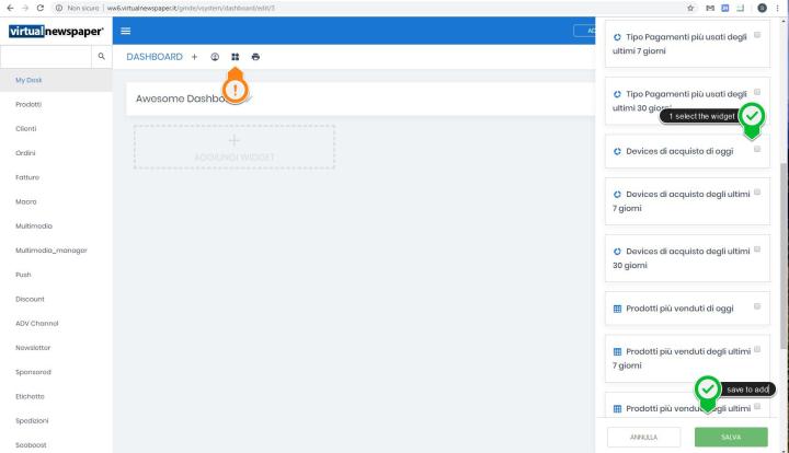 The new dashboard allows you to add different widgets. There are many widgets and they are organized in 4 different categories: marketing, reader, sales and system. To add one widget to the dashboard, select it and click on Save Button