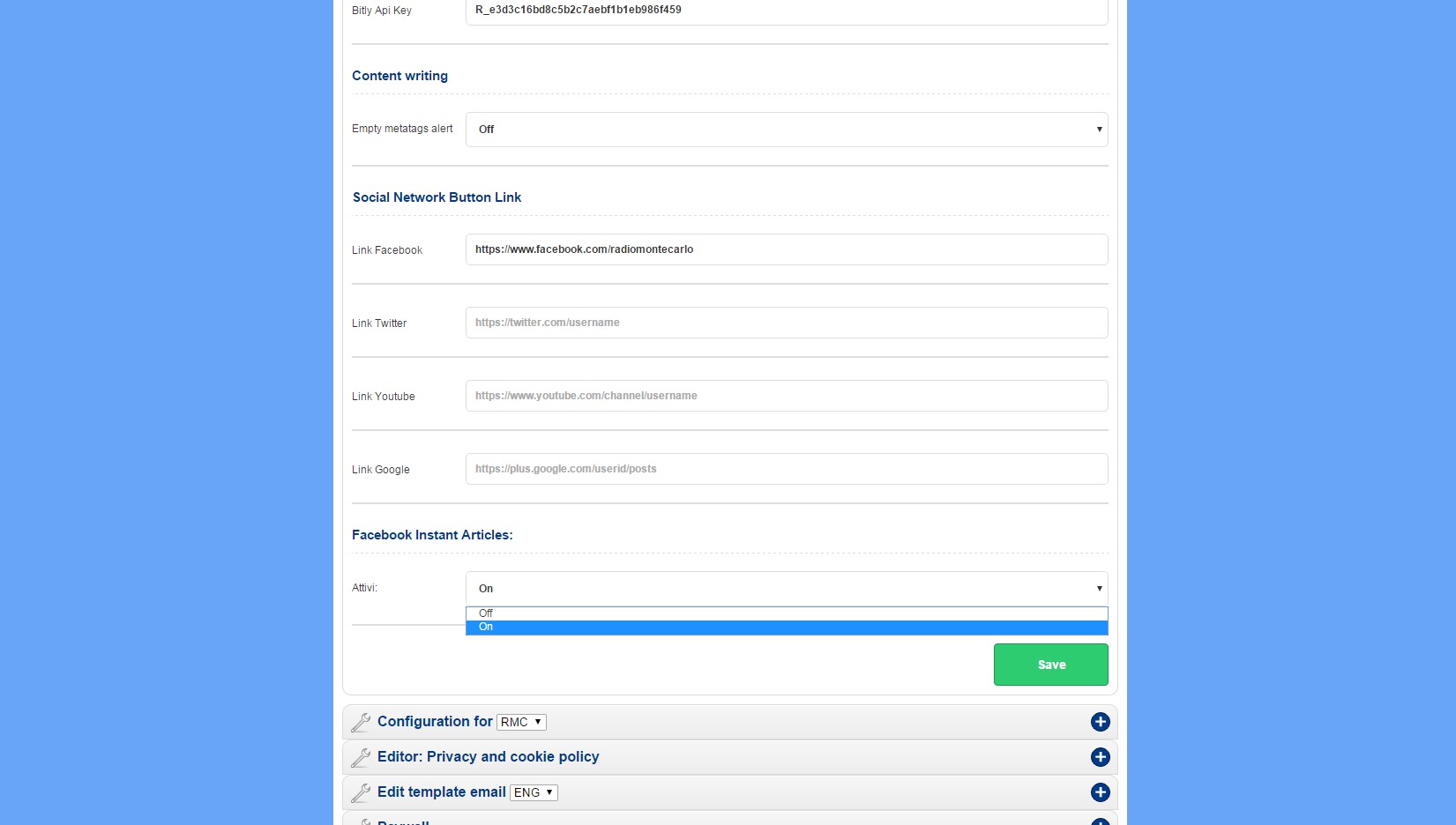 Facebook instant articles feed activation by setting module